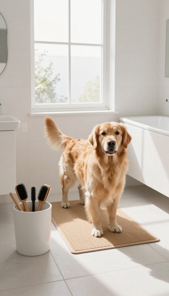 A Golden Retriever in a dedicated grooming corner with non-slip mat and organized supplies, showcasing a clean setup for dog grooming tips