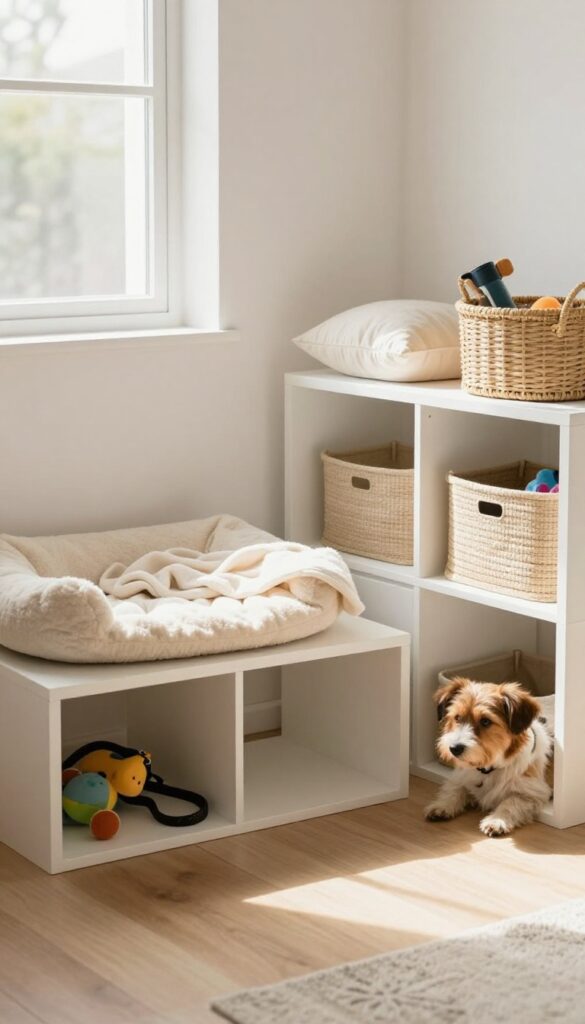 Under stairs dog nook with cube storage unit and plush bed