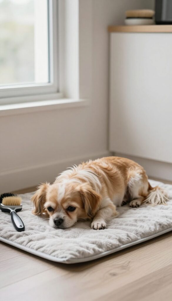 A small anxious dog resting calmly on a non-slip mat in a quiet home corner, with grooming tools organized nearby, illustrating techniques to make grooming less stressful.
