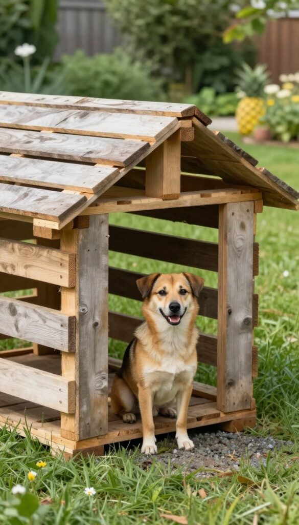 Rustic pallet dog house in sunny backyard with a medium-sized dog sitting beside it