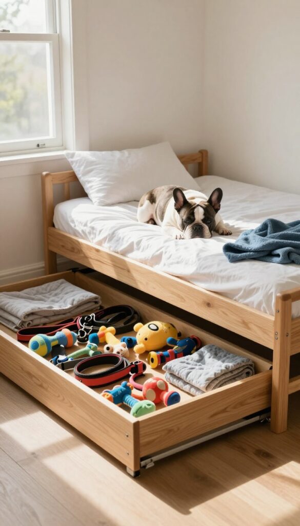 Under-bed storage drawer dog house with raised platform and pull-out drawer for toys and accessories