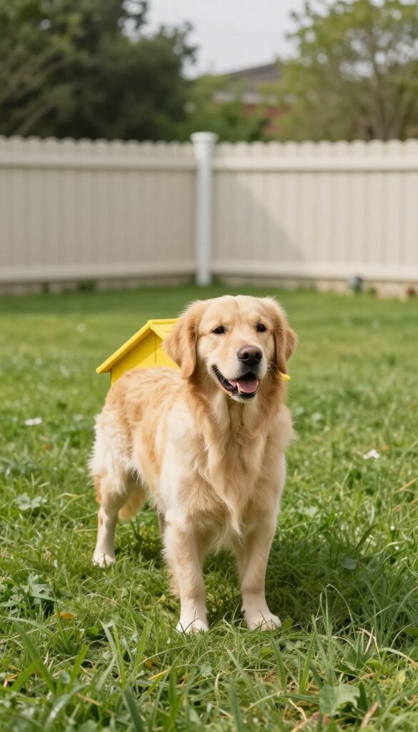 Bright yellow dog house in sunny backyard with golden retriever