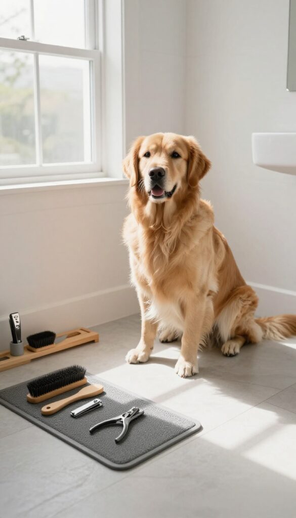 A calm dog in a quiet bathroom grooming corner with non-slip mats and organized tools under bright natural light.