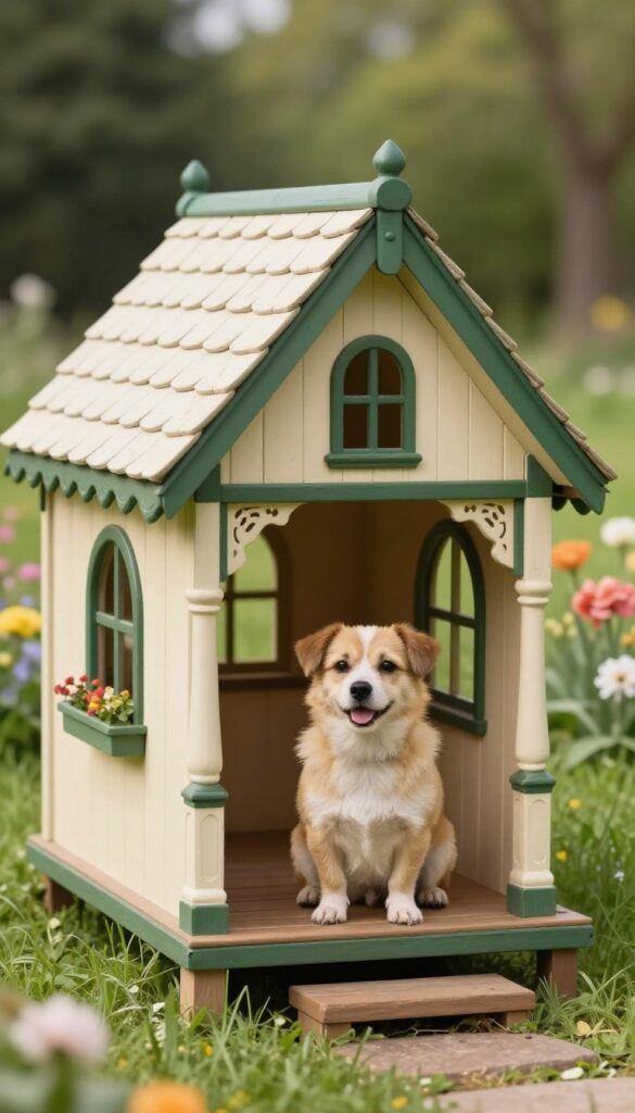 Victorian-style dog house with scalloped trim, peaked roof, and flower boxes in a sunny backyard