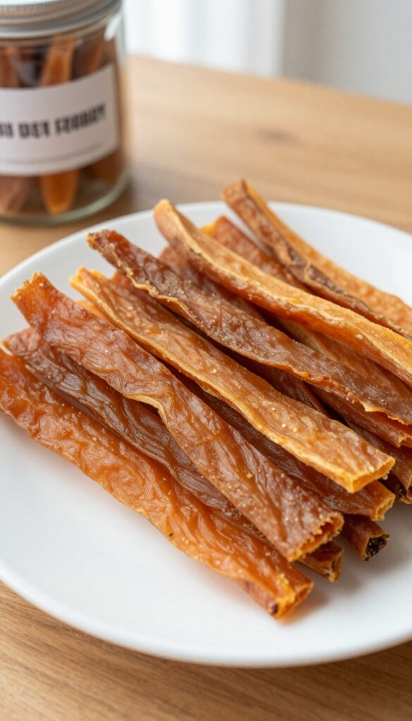 A close-up of homemade sweet potato chewy strips for dogs, arranged on a plain white plate, showcasing their chewy texture and natural appearance in bright light.