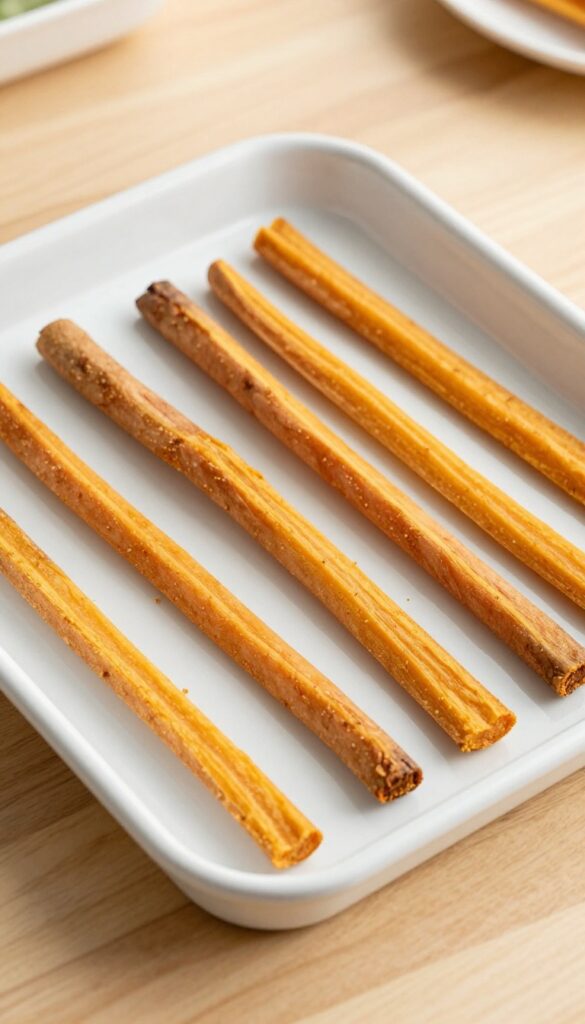 Close-up of baked sweet potato sticks for dogs, arranged on a plain baking tray, showcasing a crunchy homemade treat for sensitive stomachs.