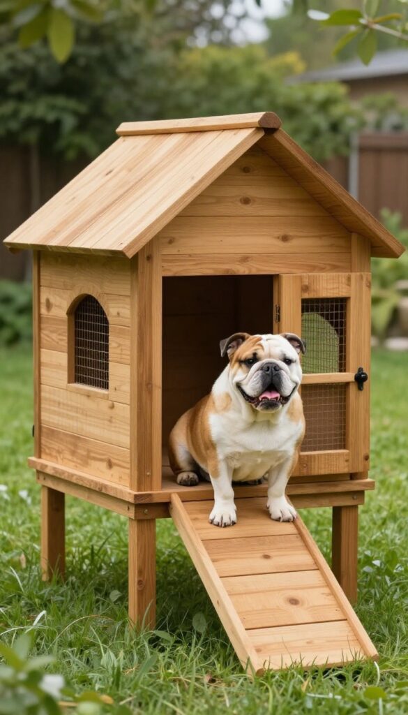 Elevated wooden dog house with airflow vents in a sunny backyard