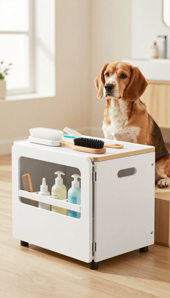 A foldable dog grooming station in use in a small apartment, showing organized grooming tools and a happy dog on the table.