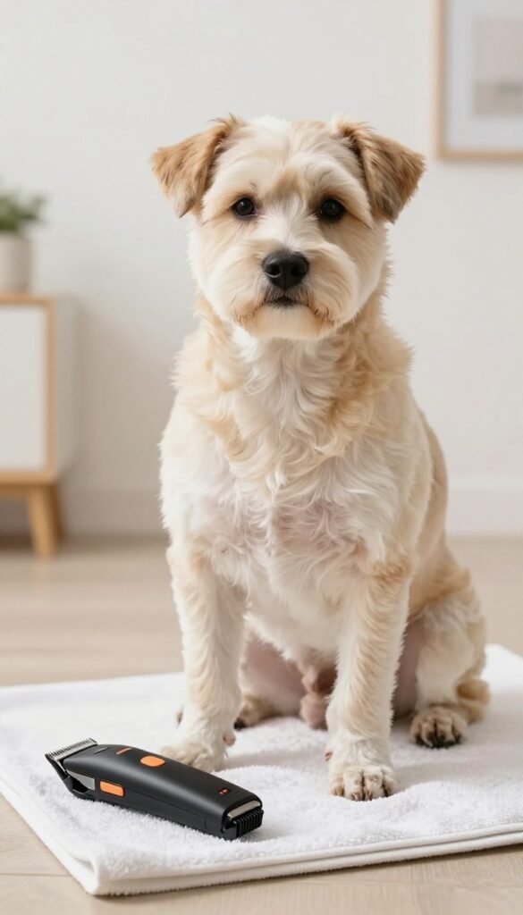 A Shih Tzu dog with a neatly trimmed coat sits next to an electric clipper set on a towel in a bright home environment, illustrating home grooming for medium to long-haired dogs.