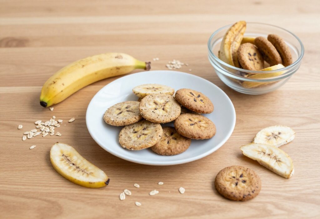A variety of homemade banana dog treats, including soft bites, crunchy biscuits, and frozen slices, arranged on a plain wooden surface with natural ingredients like bananas and oats, representing easy recipes without peanut butter for a dog treat blog.
