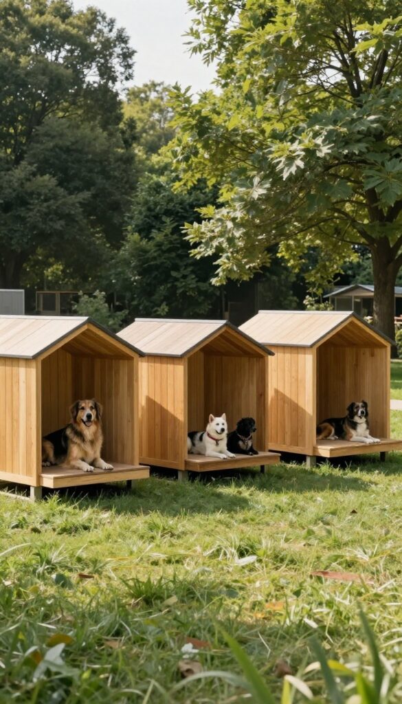 Three modular dog cubes arranged on grass, each with a small porch and a dog resting on it