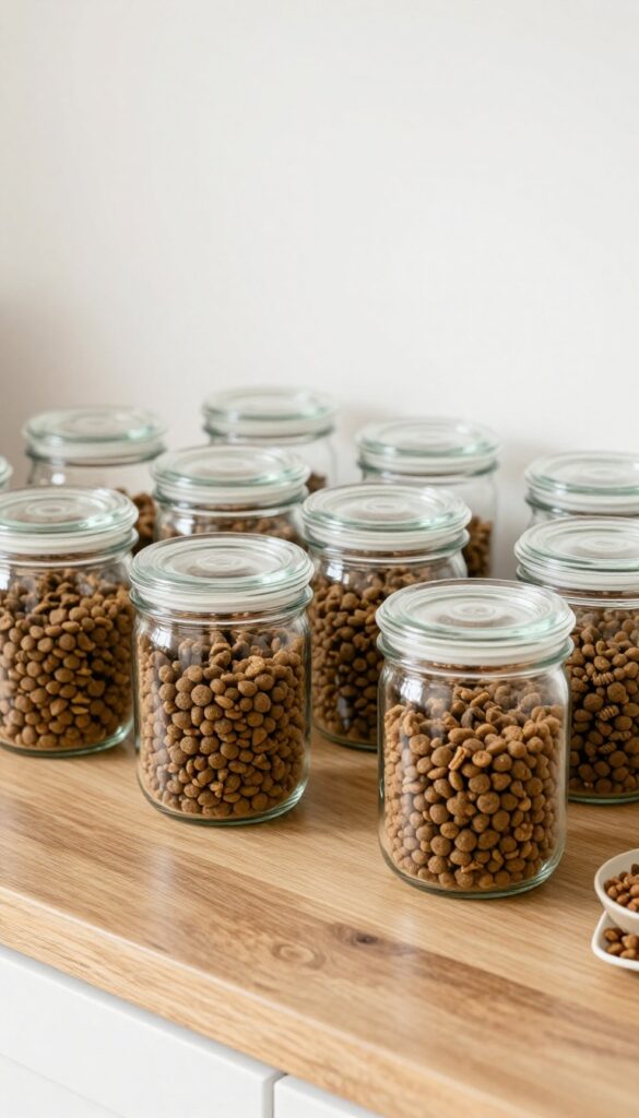 Clear glass jars filled with dog food on a wooden countertop in bright natural light