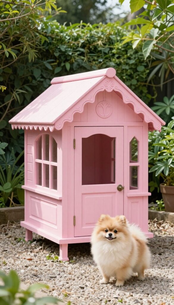 Pink Victorian-style dog house with scalloped trim and cupola in a sunny garden