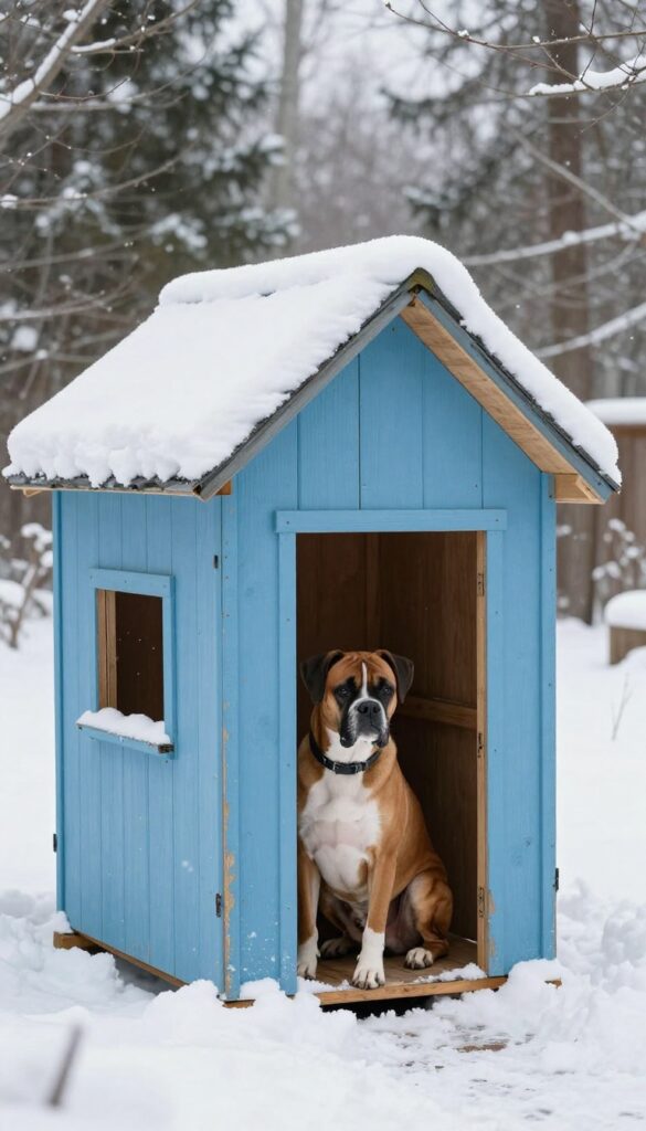 Insulated A-frame dog house in snowy backyard with Boxer dog sitting at entrance