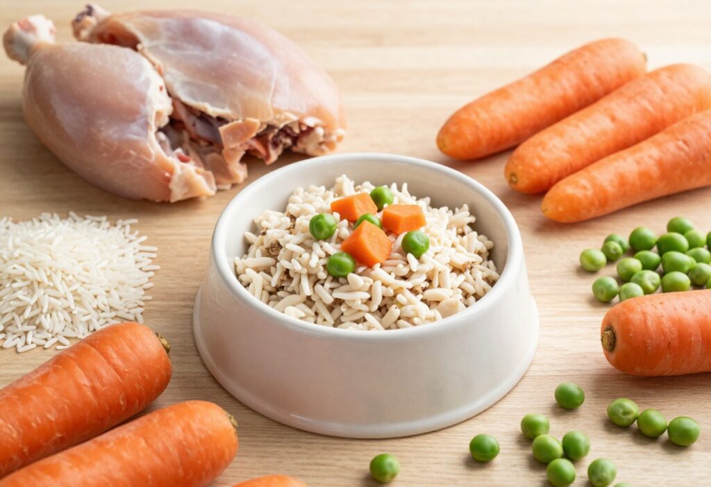 A homemade dog food bowl with chicken, rice, carrots, and peas, surrounded by raw ingredients on a wooden surface, representing DIY dog food recipes for a blog.