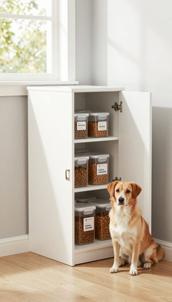 A corner cabinet in a small space storing dog food with pull-out shelves and airtight containers, featuring a medium-sized dog nearby in natural light.