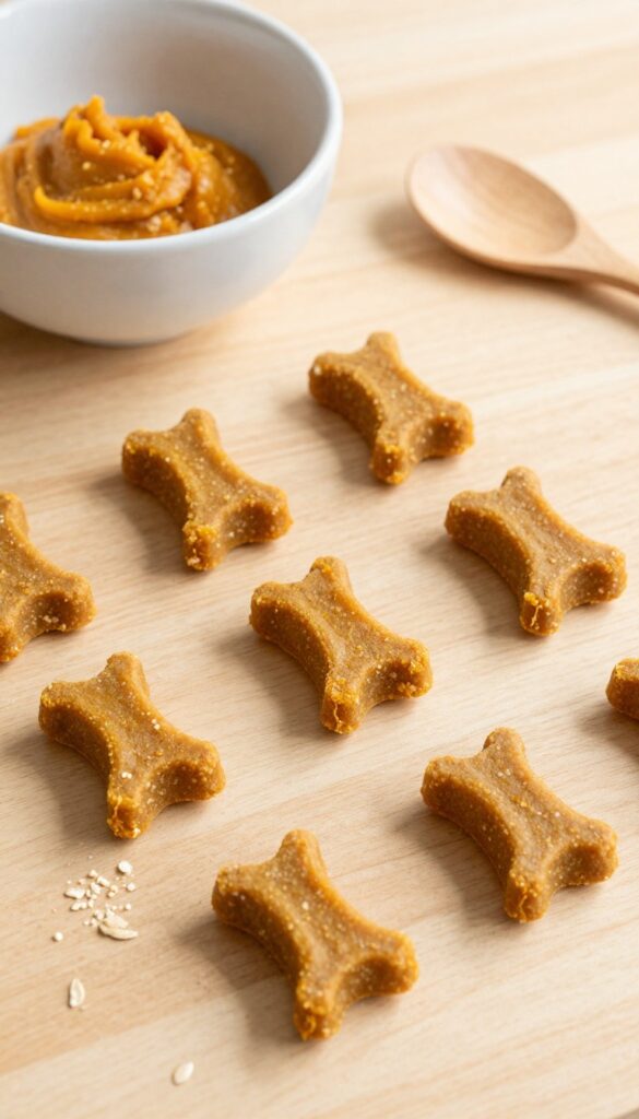 Homemade sourdough pumpkin digestive chews for dogs, shaped into small logs on a wooden surface with pumpkin puree in a bowl, in bright natural light.