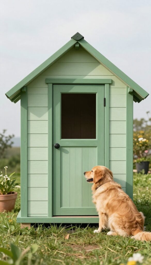 Custom painted dog house door matching home exterior in bright natural light