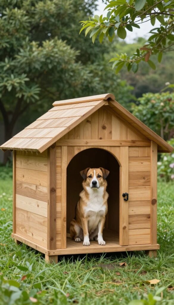 Rustic cabin-style dog house in a backyard with a dog sitting on the porch