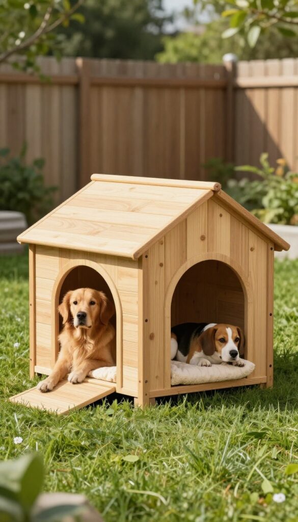 Two dogs resting inside a wooden dog house with two separate entrances and a shared interior