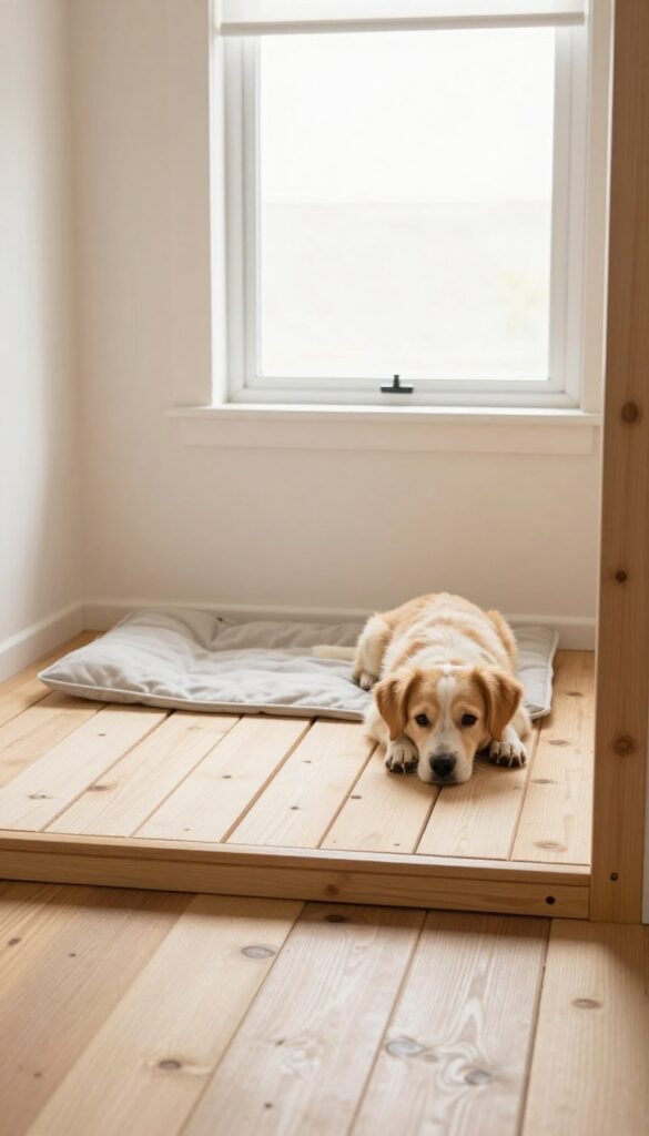 Raised wooden flooring inside a dog house preventing dampness