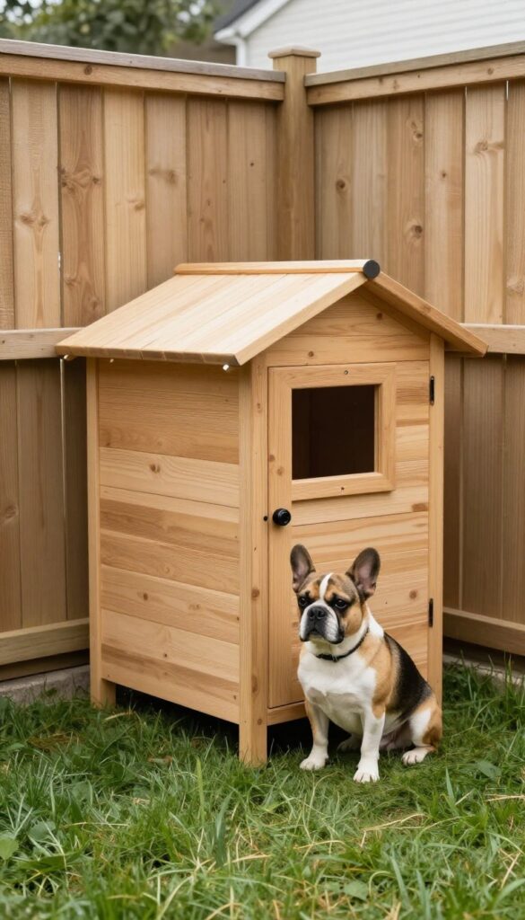 A lean-to dog house attached to a fence with a small dog sitting at the entrance in a narrow yard