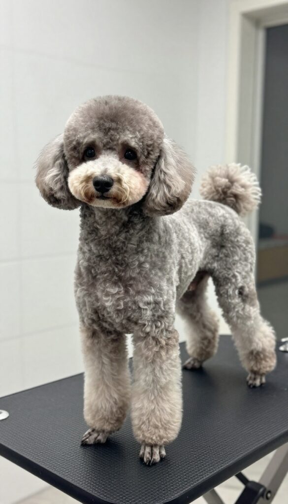 A poodle groomed in the Continental Clip style, featuring shaved sections and pom-poms, standing elegantly in a bright, clean home setting for dog grooming inspiration.