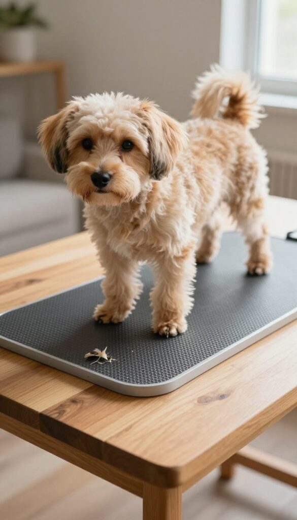 A dog standing on a rubber mat with a tray underneath for nail trimming, demonstrating a practical DIY grooming station idea.