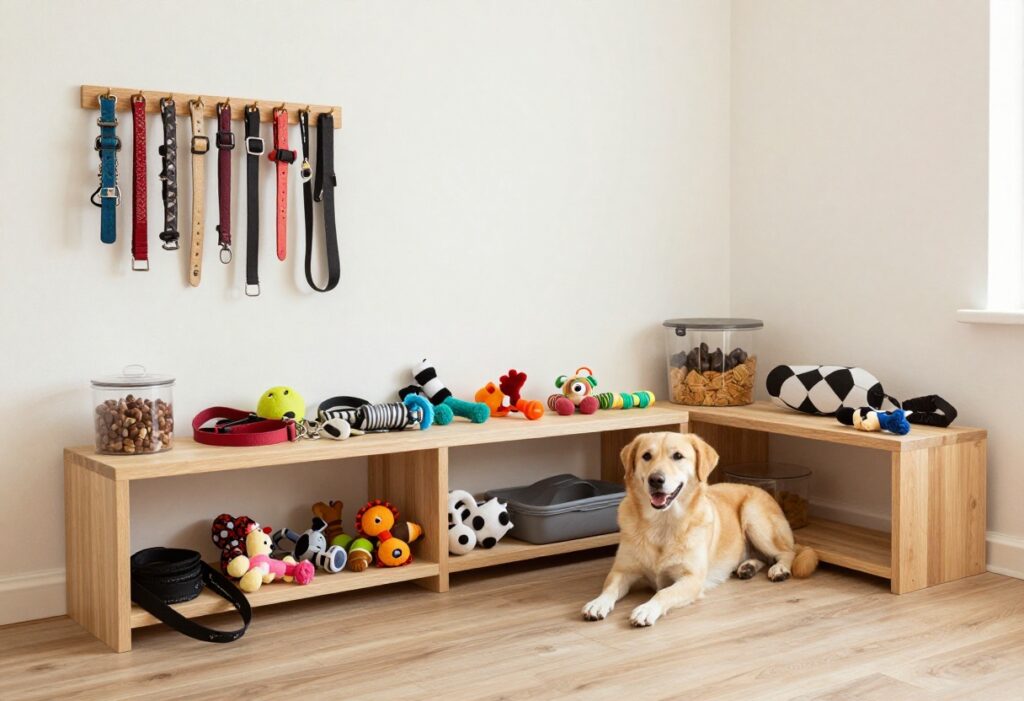 Organized dog supply storage area with a bench, wall hooks, and containers in a tidy home setting, featuring a content dog.