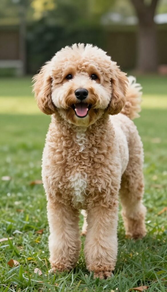 A doodle dog with an All-Season Blend Cut haircut in a sunny backyard, demonstrating balanced fur length for year-round comfort.