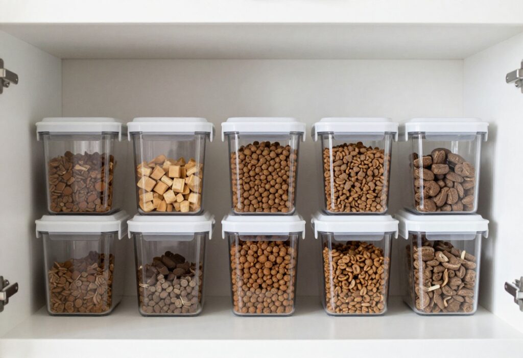 Organized pantry with dog food storage container on shelf in a tidy kitchen