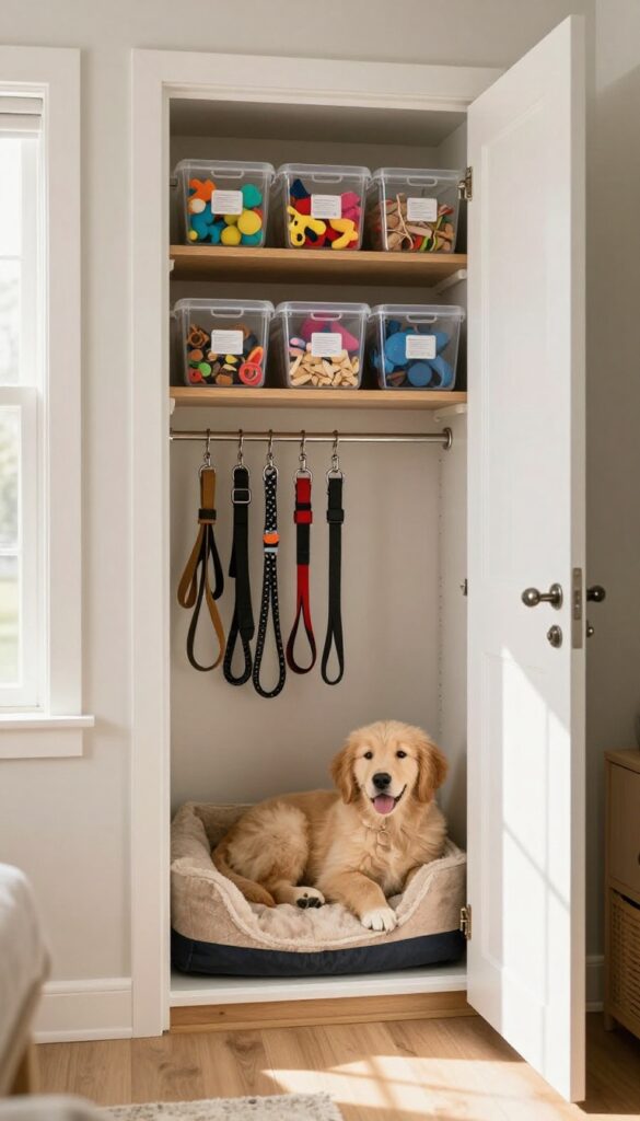 A dog sleeping on a bed inside a closet with organized shelves and hooks for leashes and toys