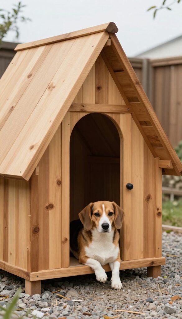 Classic A-frame dog house in a backyard with a small dog sitting at the entrance.