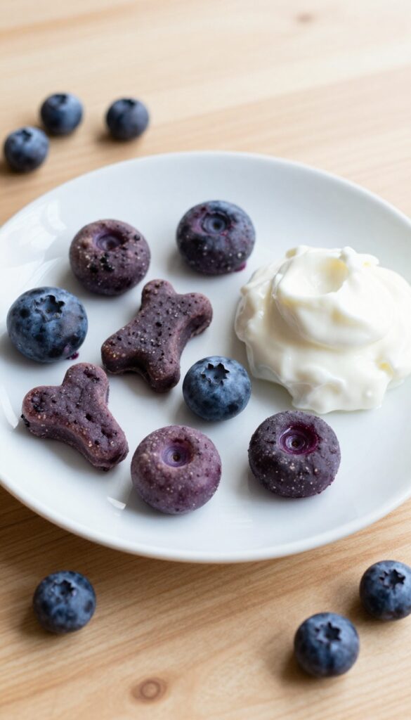 Homemade frozen blueberry yogurt drops for dogs, arranged on a white plate with fresh blueberries and yogurt, in a bright, clean setting.
