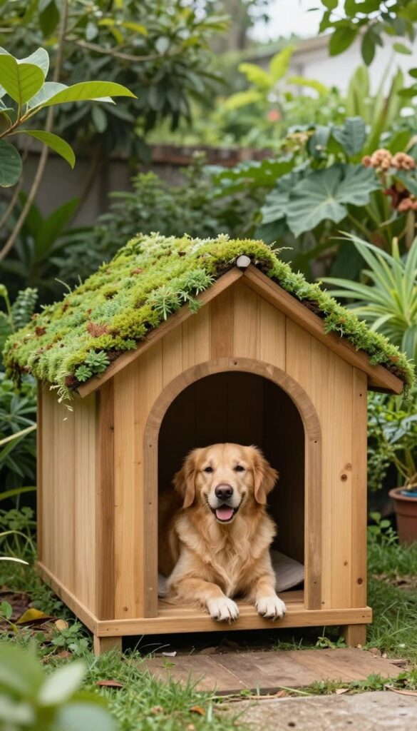 Eco-friendly dog house with green roof and porch, dog relaxing outside