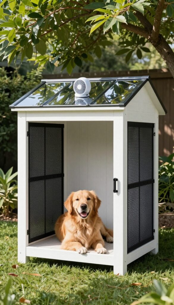 Dog house with built-in cooling system in backyard