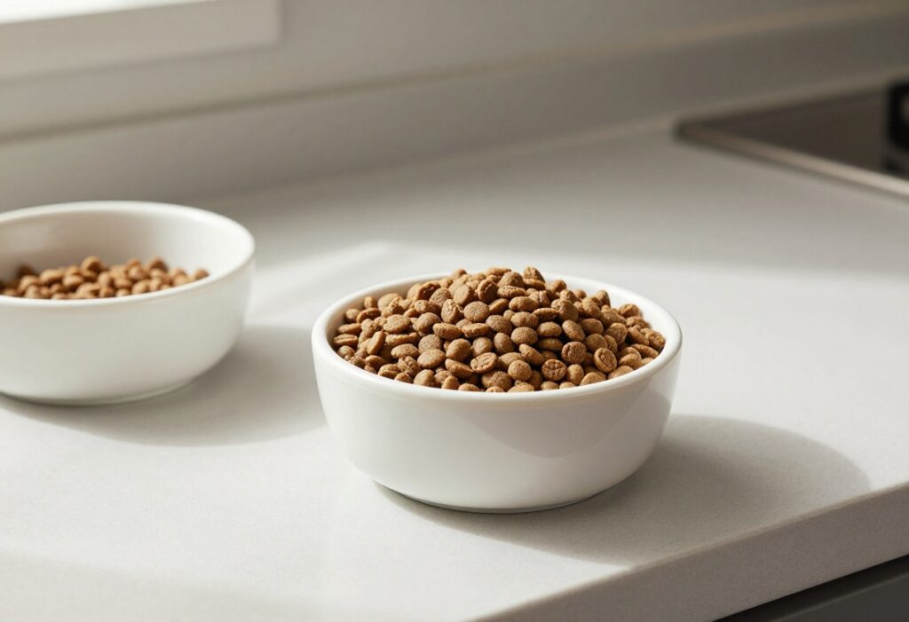 Organized dog food storage in a kitchen with an airtight container and bowl, demonstrating a tidy and accessible setup for pet owners.