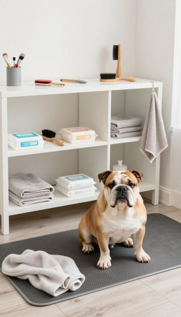 A photorealistic scene showing a home grooming corner with a dog and organized supplies for effortless cleaning.