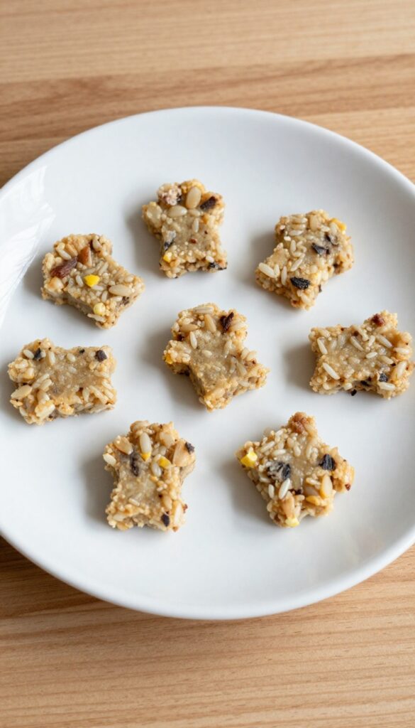 Homemade tuna rice training nibbles for dogs, small savory treats with a soft texture, arranged on a plain plate in natural light.