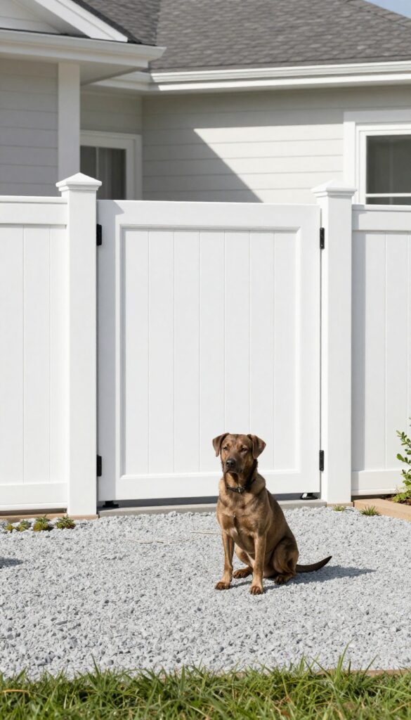 Vinyl privacy fence kennel for dogs in side yard with gravel base and matching house exterior