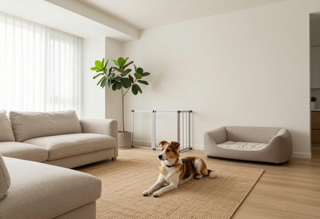 Stylish dog-friendly apartment with a dog bed, gate, and rug