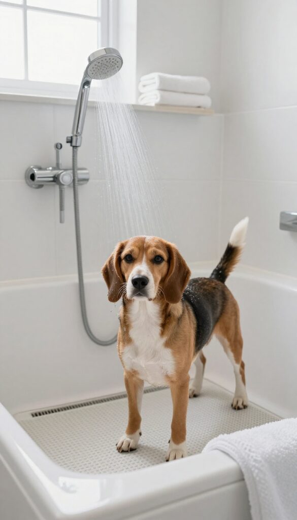 A dog being bathed with a handheld showerhead in a bathroom, featuring a non-slip mat and towels for easy grooming at home.
