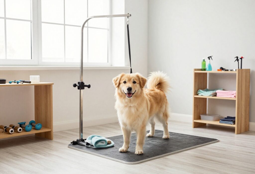 A happy dog in a well-organized home grooming corner with tools, a non-slip mat, and natural light, illustrating a premium dog salon idea.