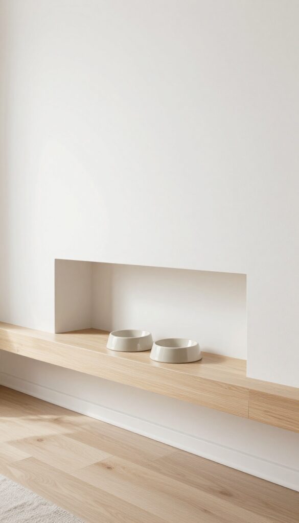 A photorealistic view of a built-in dog feeding station in a wall recess, showcasing an organized and stylish corner in a modern home with natural light.