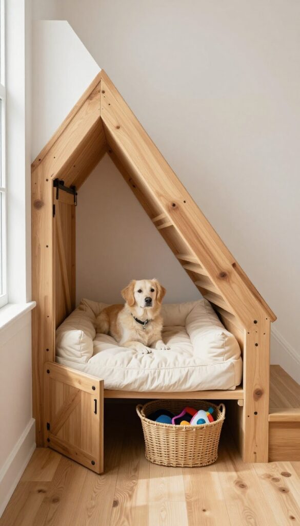Cozy under-stairs dog nook with bed and storage