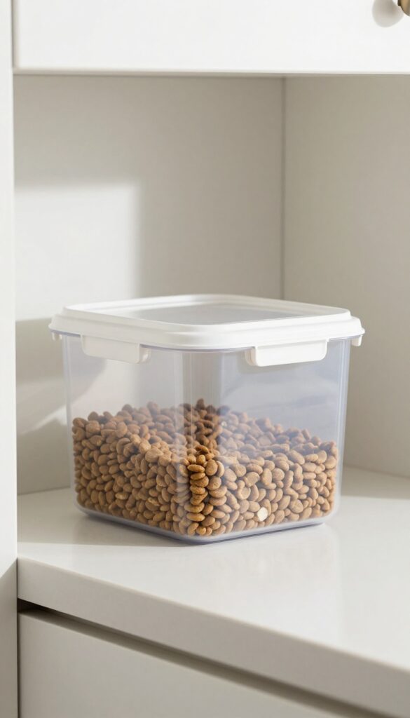 A small airtight dog food bin in an apartment kitchen, designed to save space with a slim profile and tight seal.