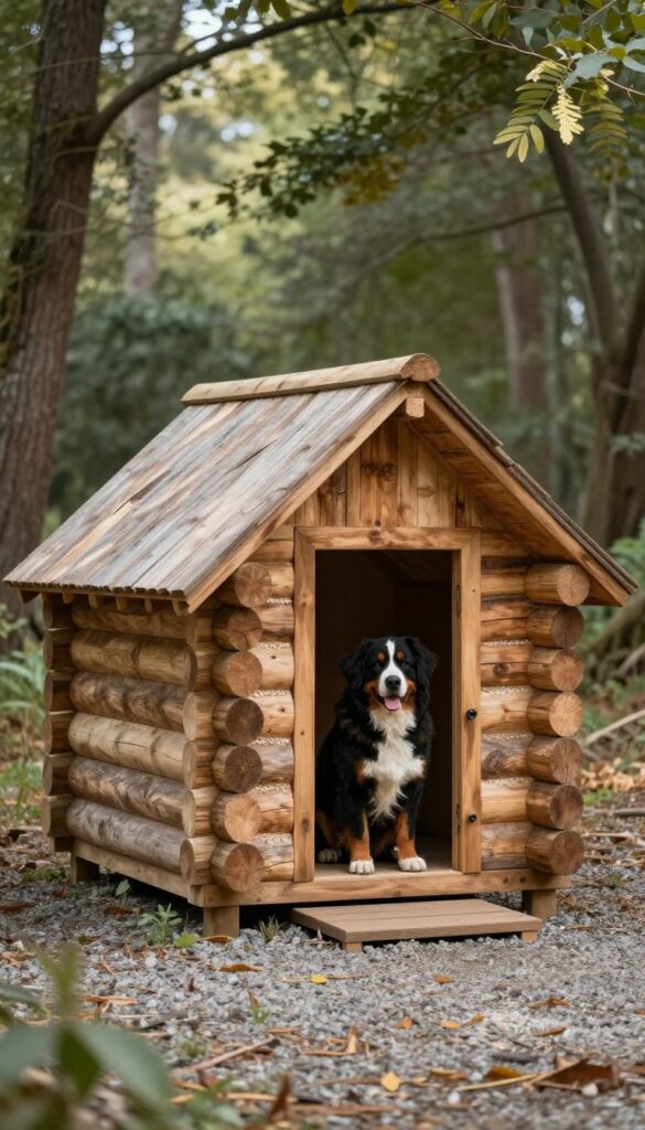 Rustic log cabin A-frame dog house in a wooded yard with a Bernese Mountain Dog