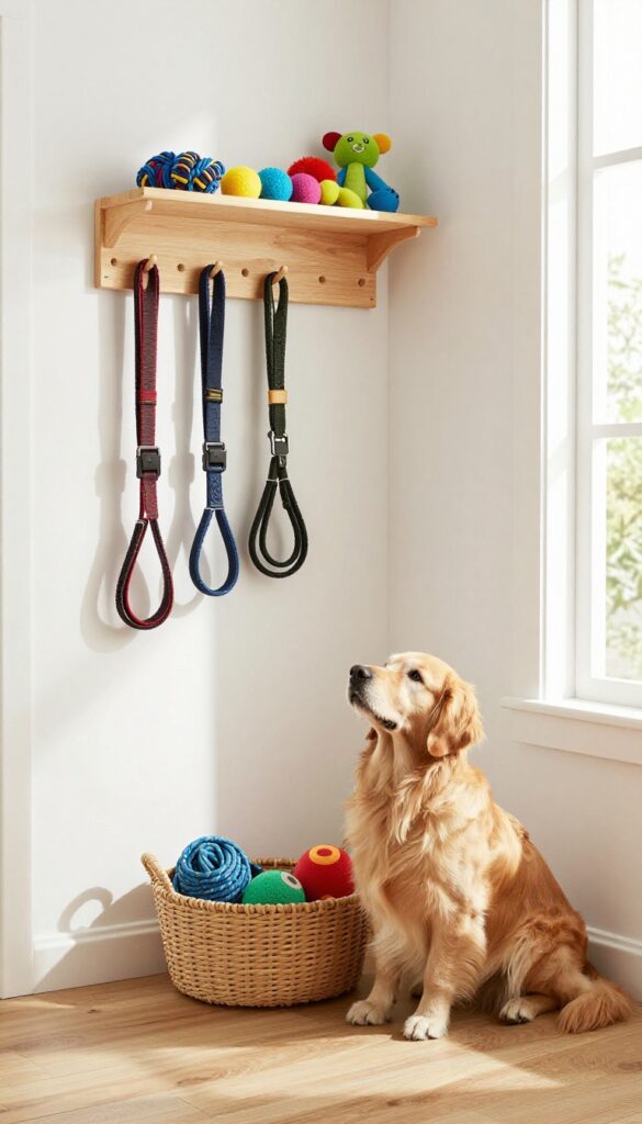 Dog toy and gear organizer corner with pegboard, shelves, and basket in a bright entryway
