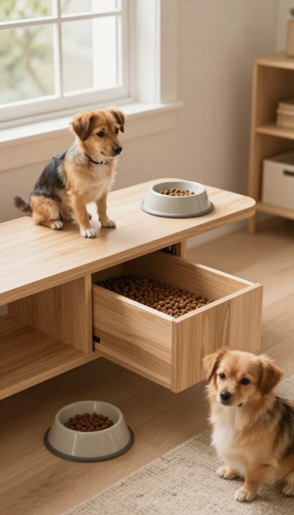 A wooden bench with hidden storage for dog food in a bright living room, showing kibble inside and a dog nearby.