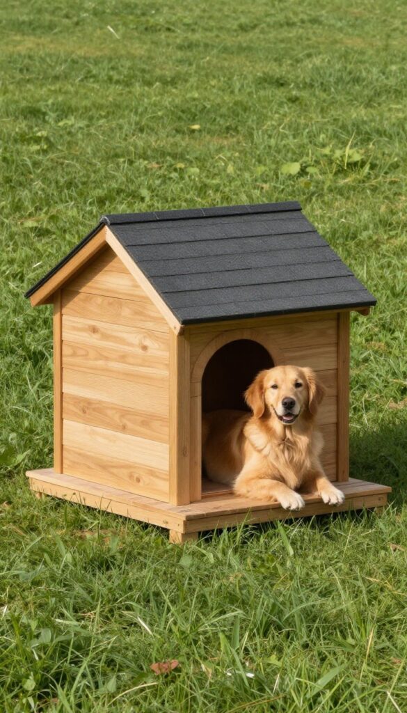 Matching shed dog house in backyard with golden retriever on porch